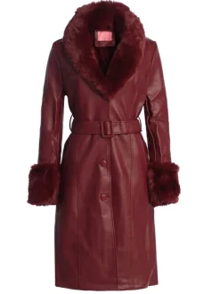 Marbolo Wine Faux Fur Trim Coat