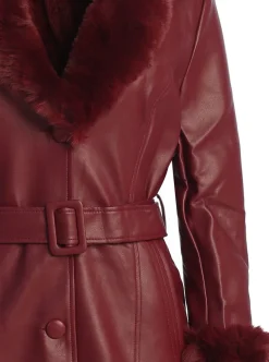 Marbolo Wine Faux Fur Trim Coat